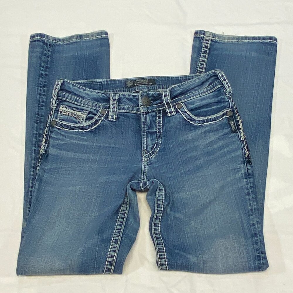 Silver Suki Faded Distressed Boot Cut Denim Jeans 27 Embroidered Jeweled - Picture 7 of 15